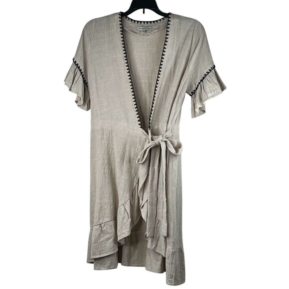 Anthropologie Moon River Wrap Dress Natural Large Ruffle Cotton Linen Trimmed XS - Picture 9 of 9